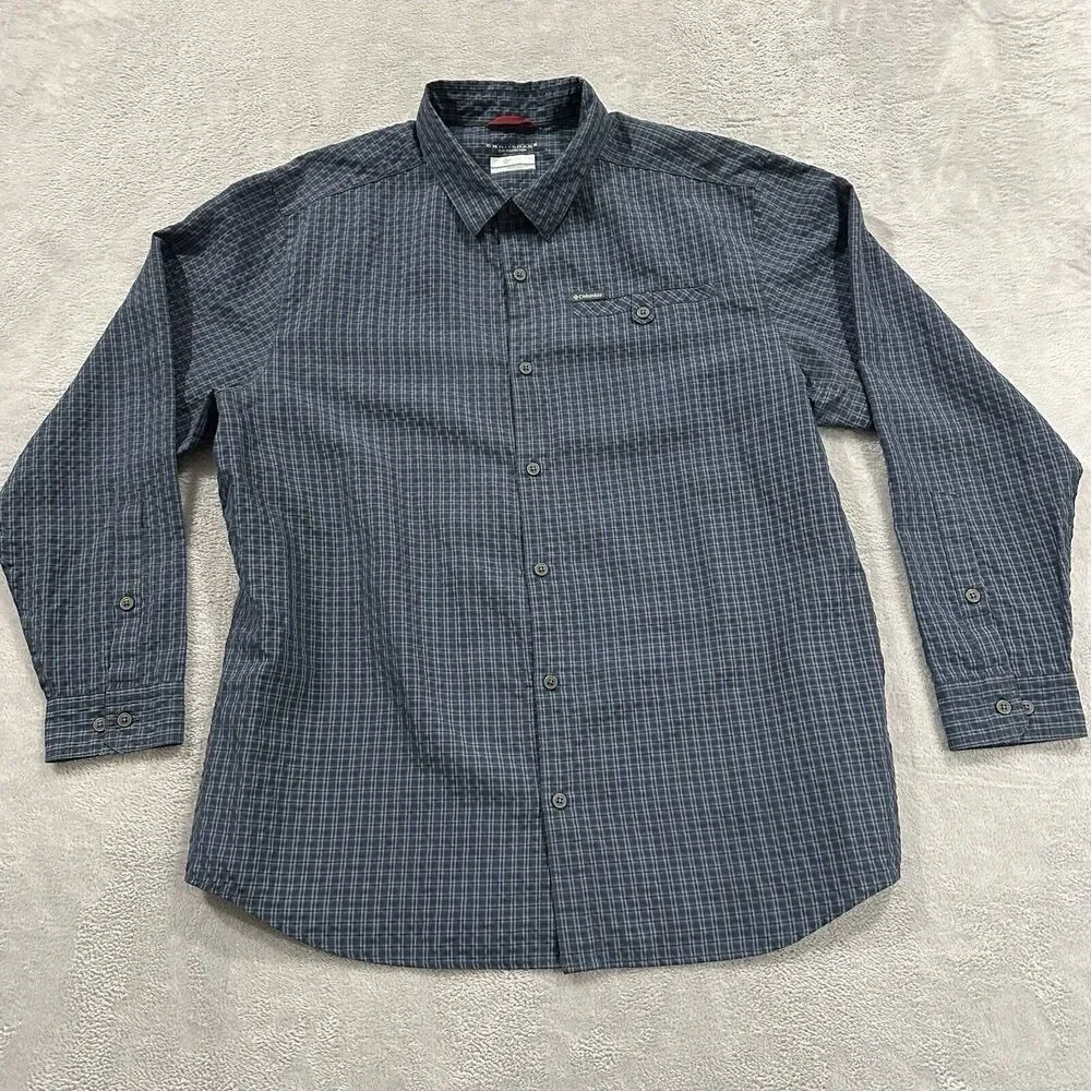 Columbia Button Shirt Men XL Blue Plaid Long Sleeve Vtg